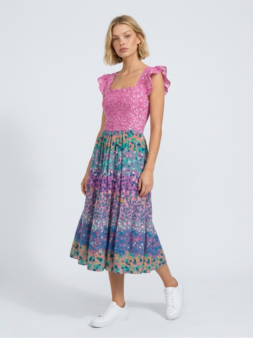 Caroline Constas Pink Smocked Bodice Multi-Color Flutter Sleeve Midi Dress